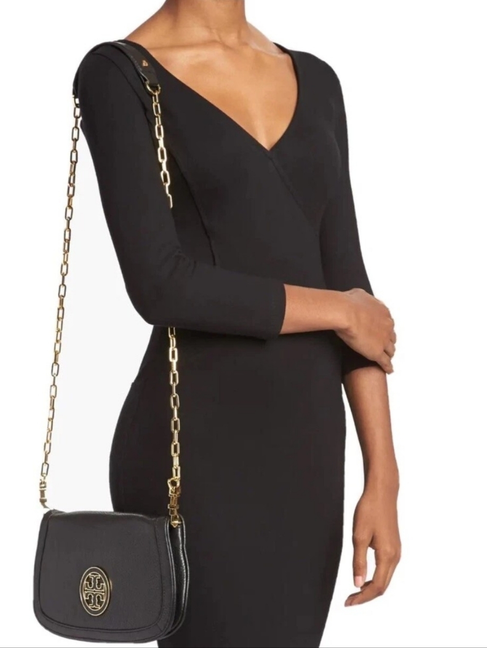 Tory Burch Amanda Logo Clutch with Removable Gold Chain, EUC